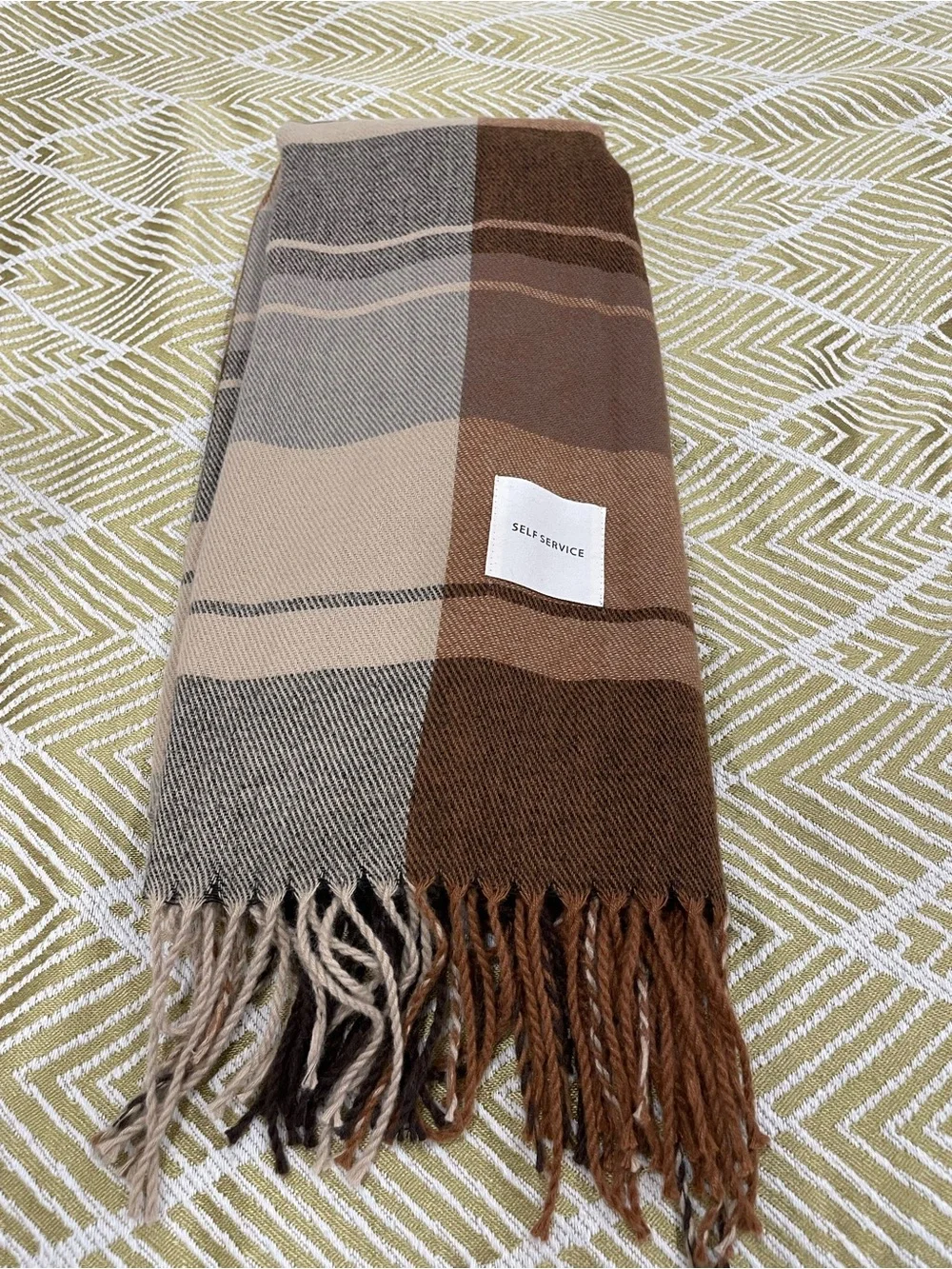 Self service Plaid Fringe Scarf in Brown and Tan